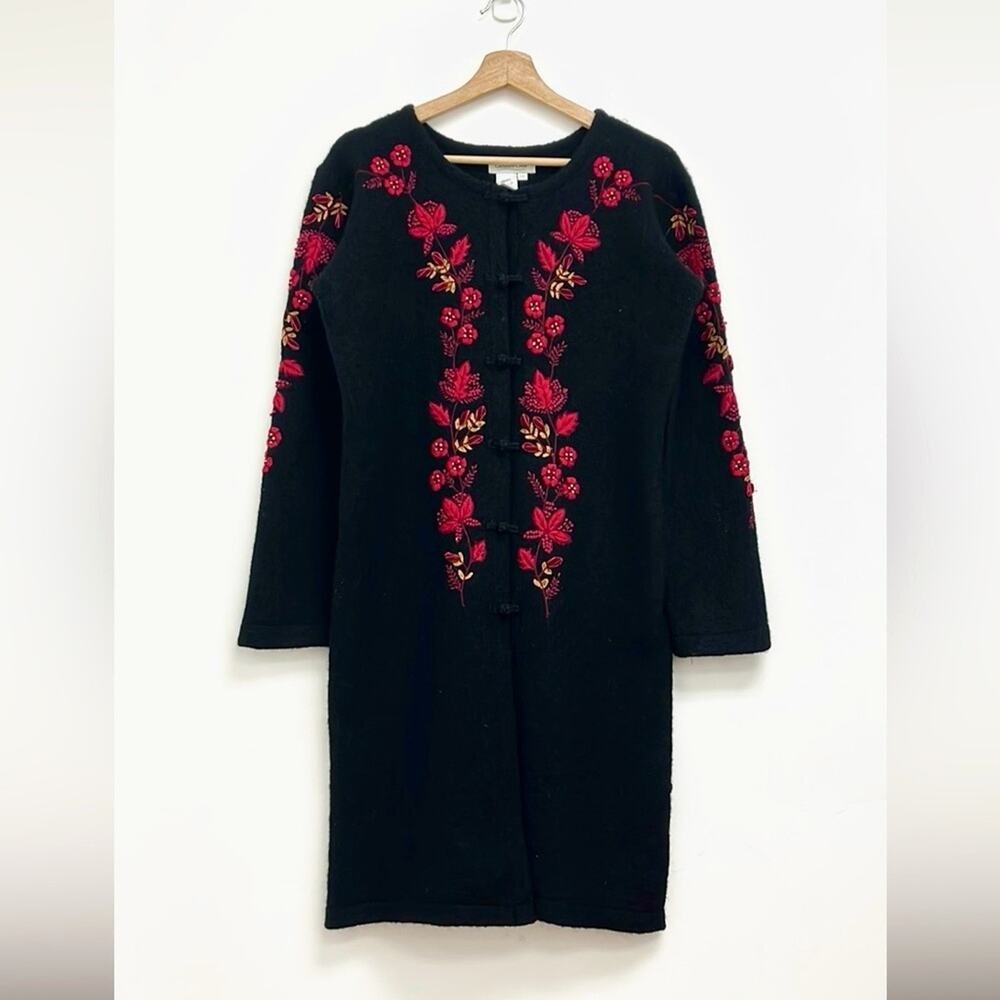 Coldwater Creek Floral Embroidery Velvet Boho Duster Wool Sweater Jacket - Med*